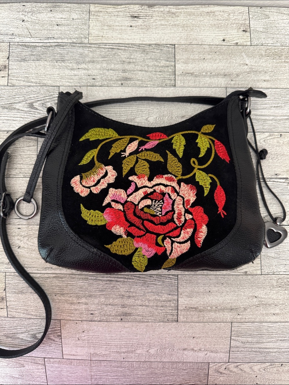 Sharif Leather Black Floral Embroidered Crossbody Bag